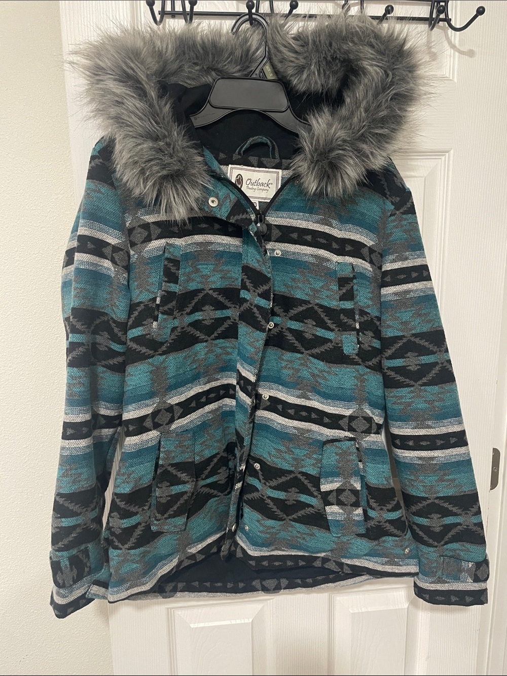 Outback Trading Co. Teal Patterned Faux-Fur Trim Hooded Puffer Jacket